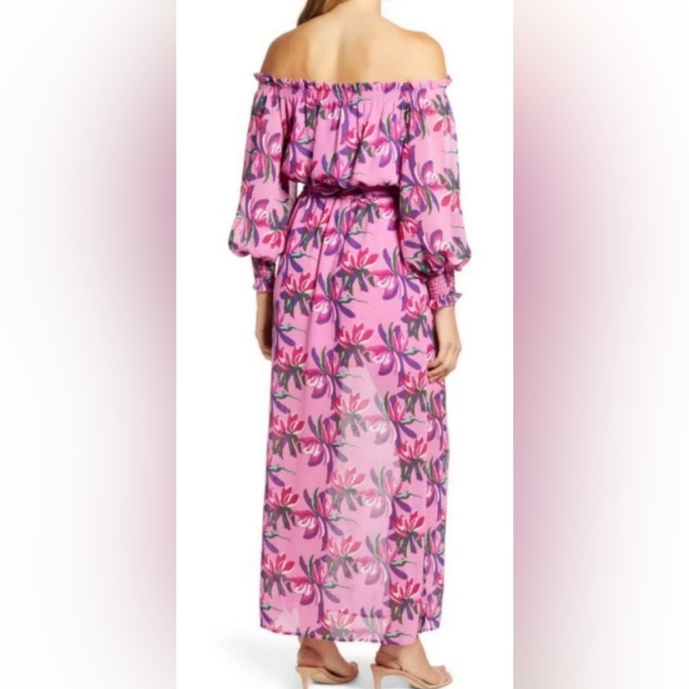 NWT WAYF DRESS PINK & PURPLE BIRDS OF PARADISE OFF SHOULDER MAXI DRESS SMALL